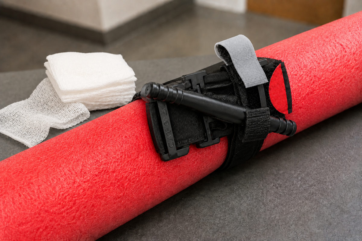 CAT tourniquet secured around a red training pool noodle beside wound-packing gauze